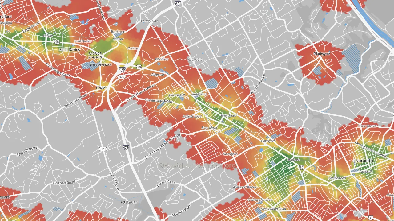 Walk Grade map of 19010, PA, walkable areas in green and car-dependent areas in red