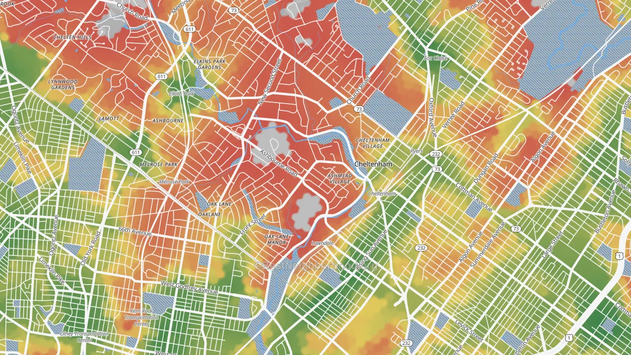 Walk Grade map of 19012, PA, walkable areas in green and car-dependent areas in red