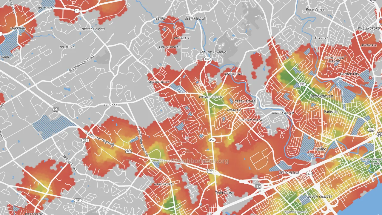 Walk Grade map of 19014, PA, walkable areas in green and car-dependent areas in red