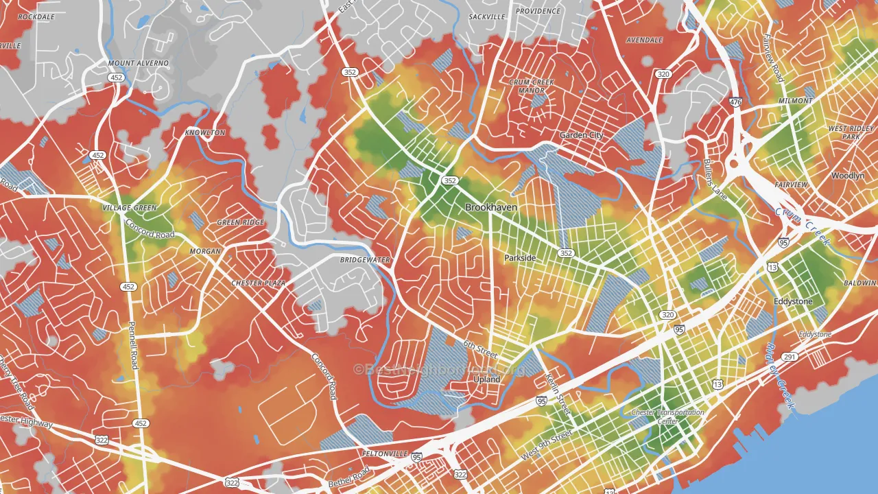 Walk Grade map of 19015, PA, walkable areas in green and car-dependent areas in red