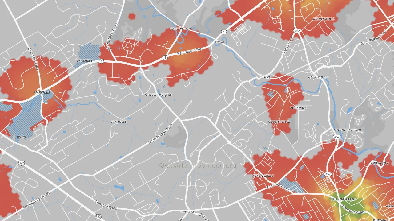 Walk Grade map of 19017, PA, walkable areas in green and car-dependent areas in red