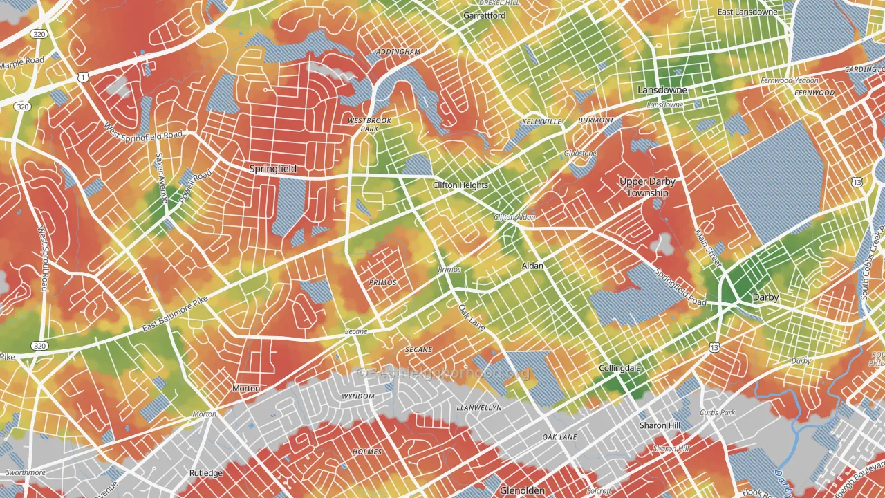 Walk Grade map of 19018, PA, walkable areas in green and car-dependent areas in red