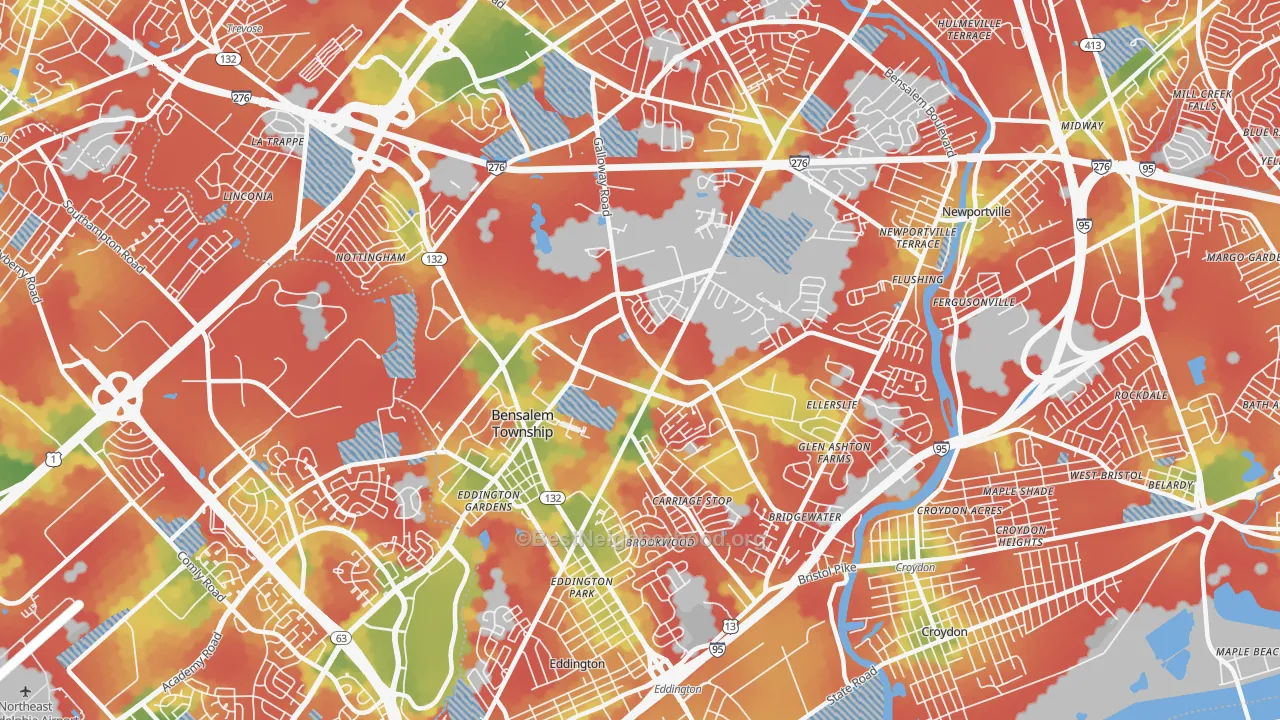Walk Grade map of 19020, PA, walkable areas in green and car-dependent areas in red