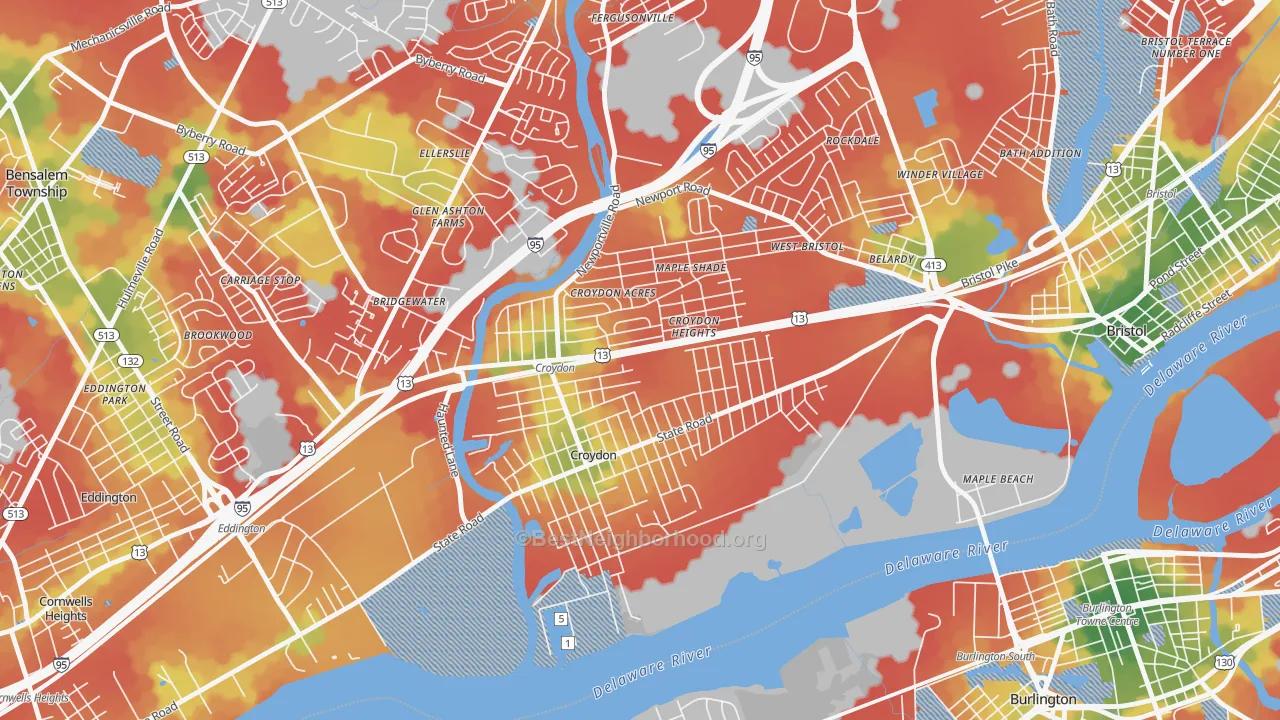 Walk Grade map of 19021, PA, walkable areas in green and car-dependent areas in red
