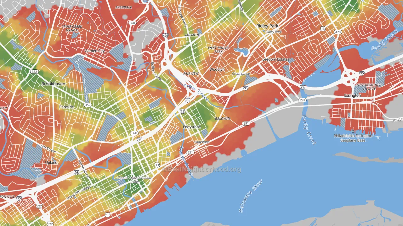 Walk Grade map of 19022, PA, walkable areas in green and car-dependent areas in red
