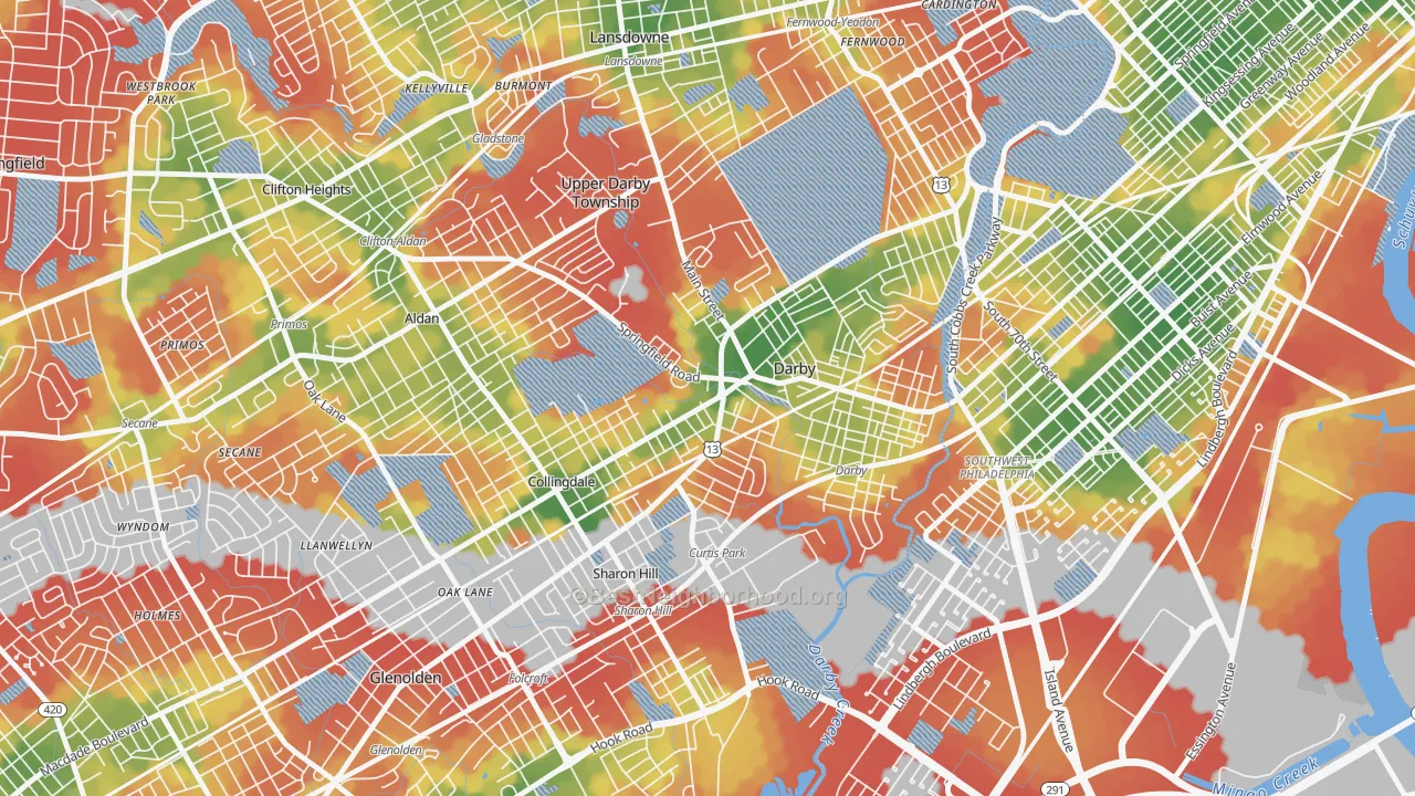 Walk Grade map of 19023, PA, walkable areas in green and car-dependent areas in red
