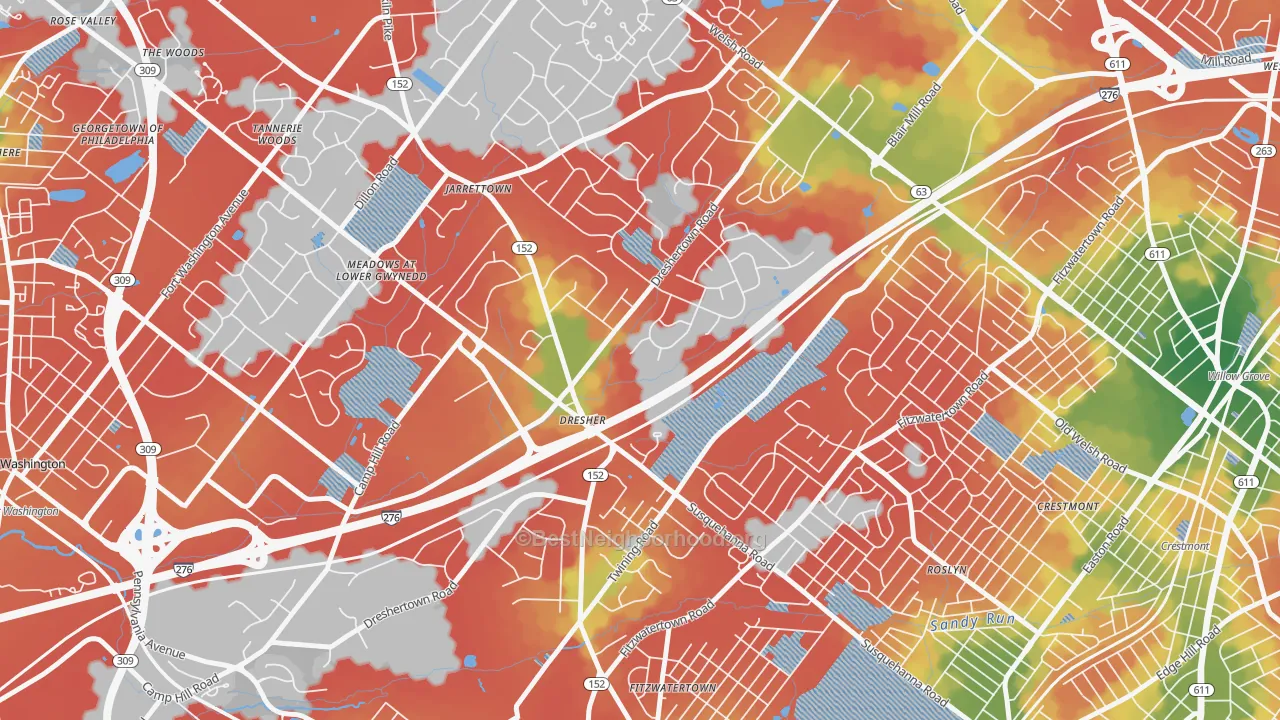 Walk Grade map of 19025, PA, walkable areas in green and car-dependent areas in red