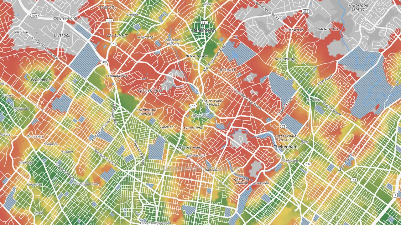 Walk Grade map of 19027, PA, walkable areas in green and car-dependent areas in red