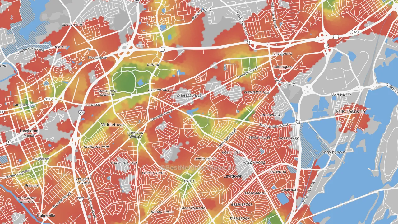 Walk Grade map of 19030, PA, walkable areas in green and car-dependent areas in red