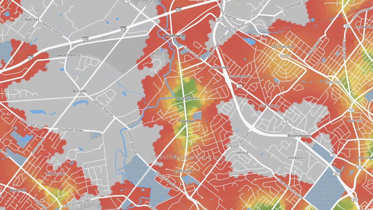 Walk Grade map of 19031, PA, walkable areas in green and car-dependent areas in red