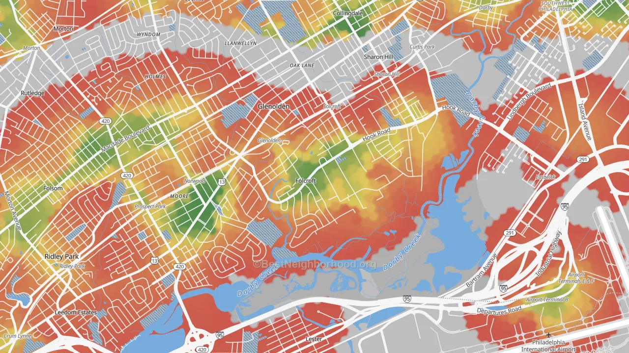 Walk Grade map of 19032, PA, walkable areas in green and car-dependent areas in red