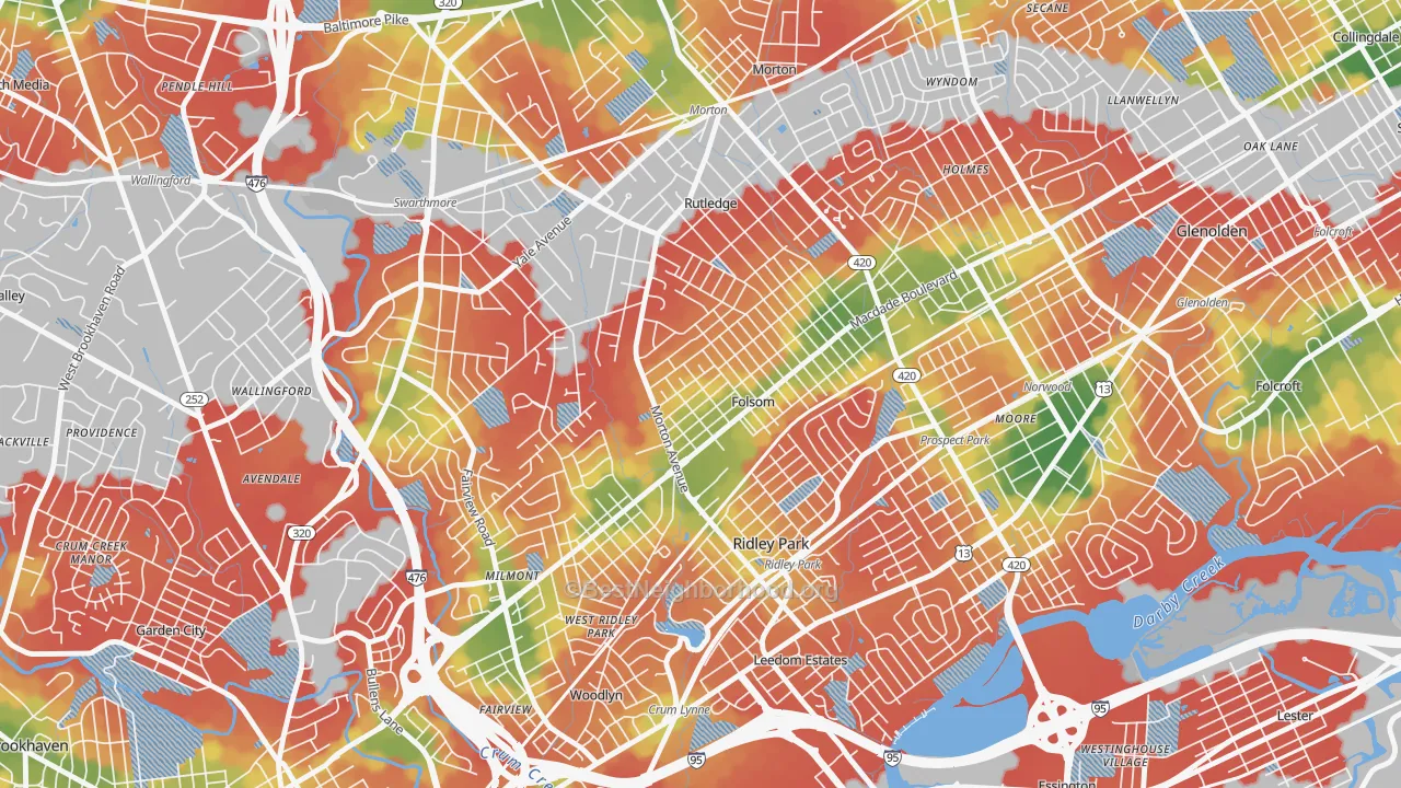 Walk Grade map of 19033, PA, walkable areas in green and car-dependent areas in red