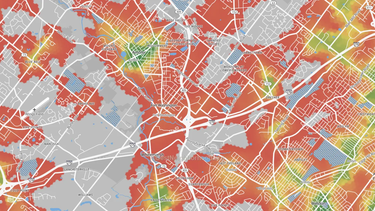Walk Grade map of 19034, PA, walkable areas in green and car-dependent areas in red