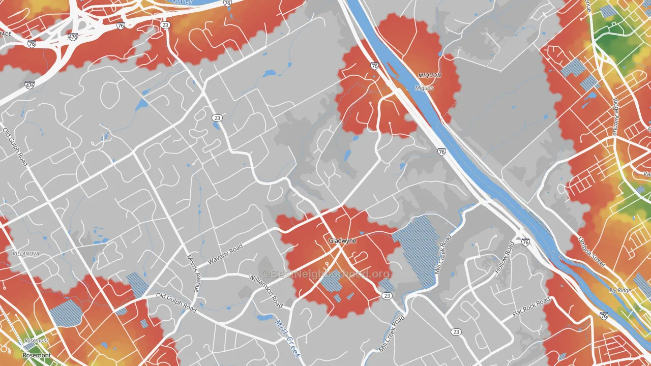 Walk Grade map of 19035, PA, walkable areas in green and car-dependent areas in red