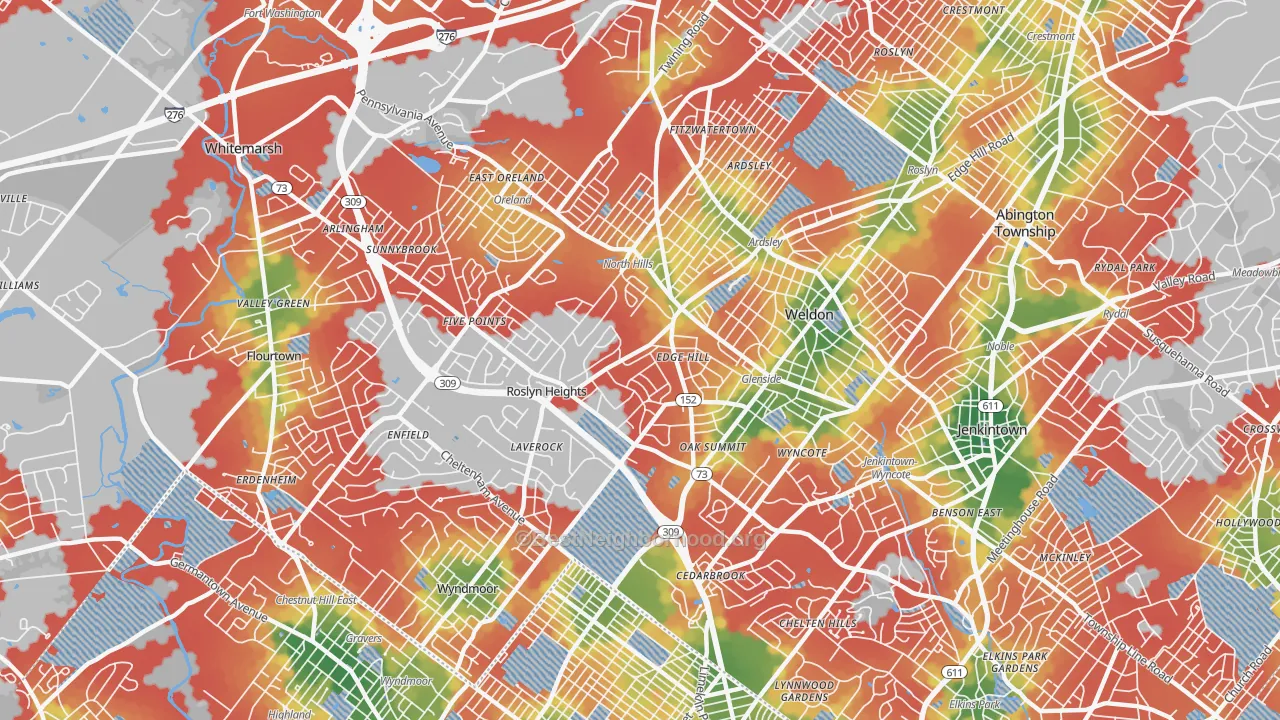 Walk Grade map of 19038, PA, walkable areas in green and car-dependent areas in red