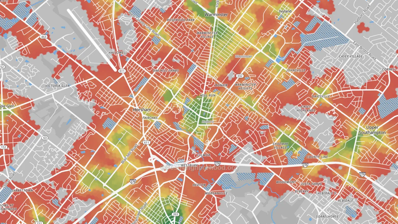 Walk Grade map of 19040, PA, walkable areas in green and car-dependent areas in red