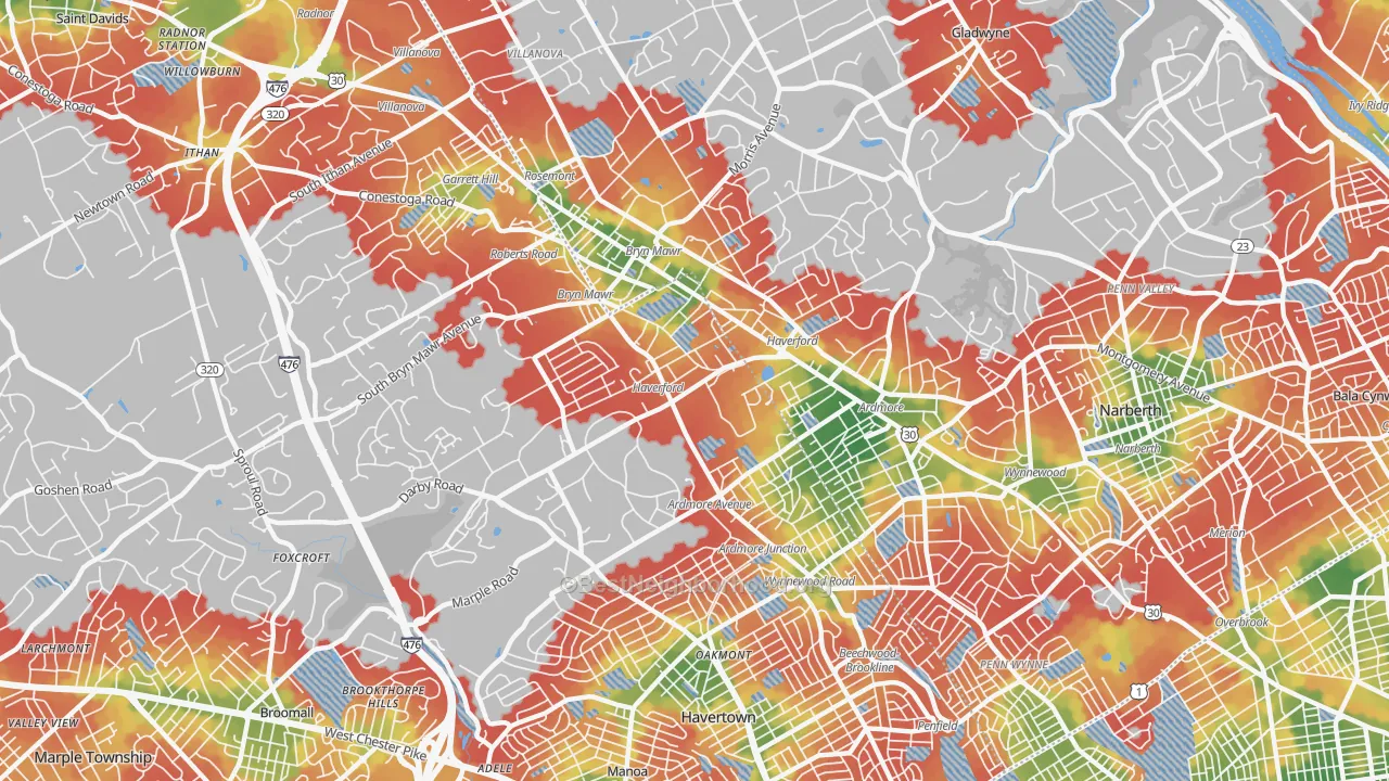 Walk Grade map of 19041, PA, walkable areas in green and car-dependent areas in red