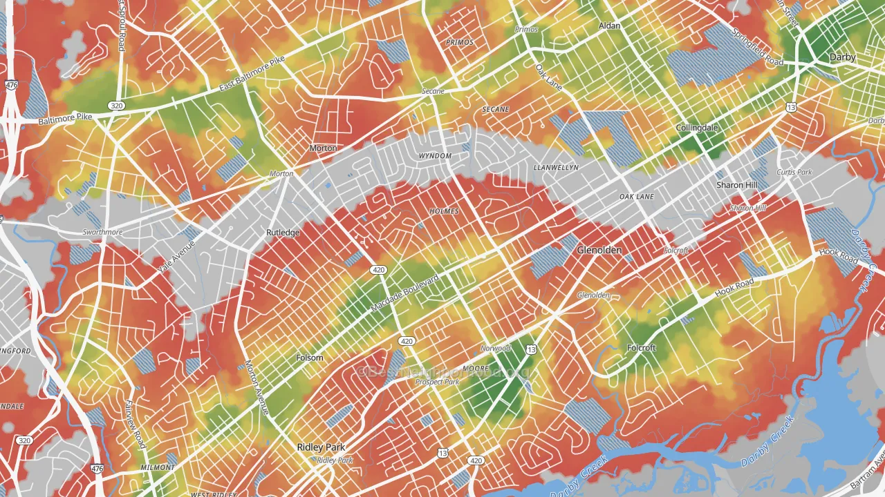 Walk Grade map of 19043, PA, walkable areas in green and car-dependent areas in red