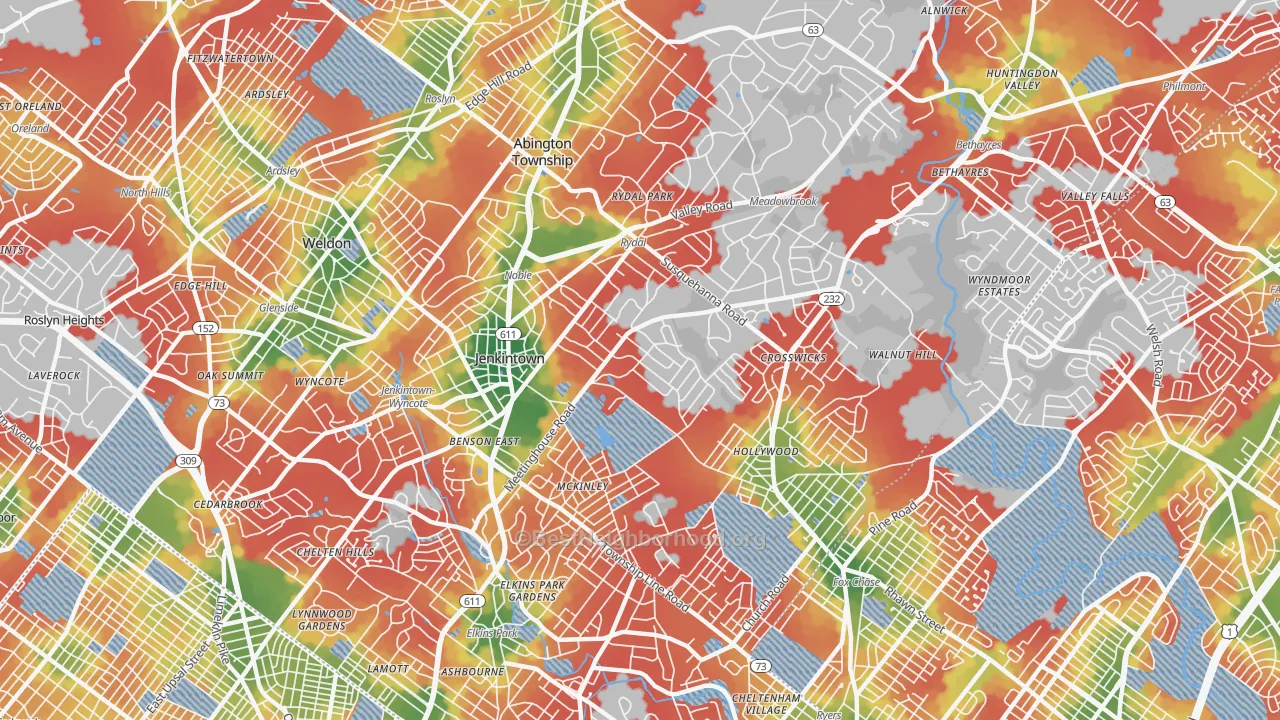 Walk Grade map of 19046, PA, walkable areas in green and car-dependent areas in red