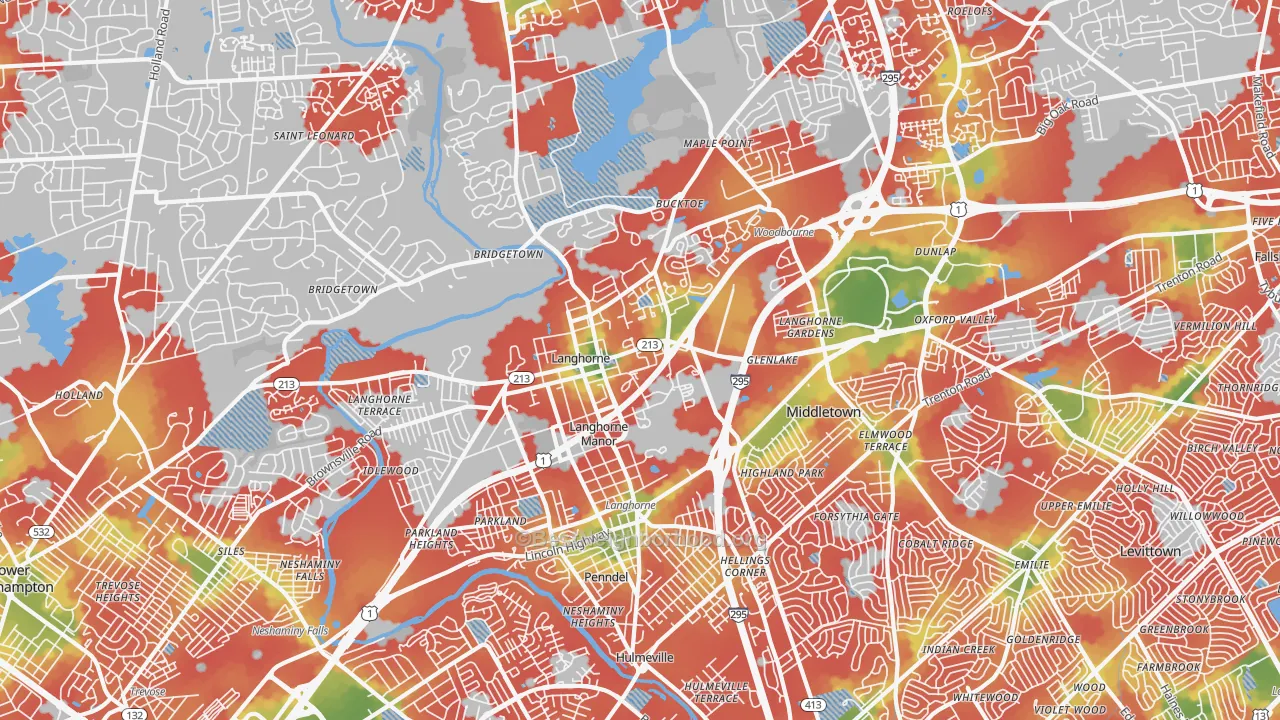 Walk Grade map of 19047, PA, walkable areas in green and car-dependent areas in red