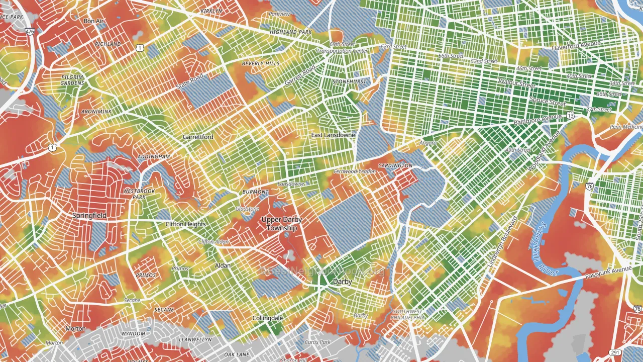 Walk Grade map of 19050, PA, walkable areas in green and car-dependent areas in red