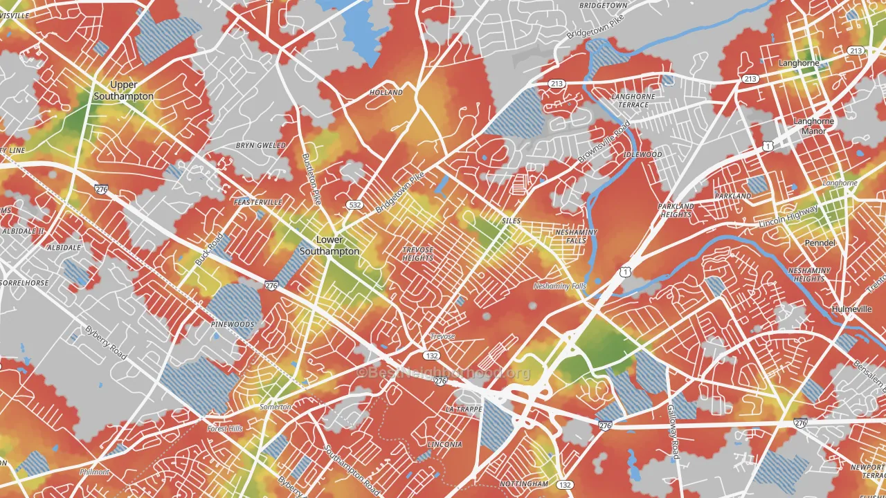 Walk Grade map of 19053, PA, walkable areas in green and car-dependent areas in red