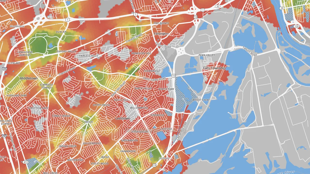 Walk Grade map of 19054, PA, walkable areas in green and car-dependent areas in red