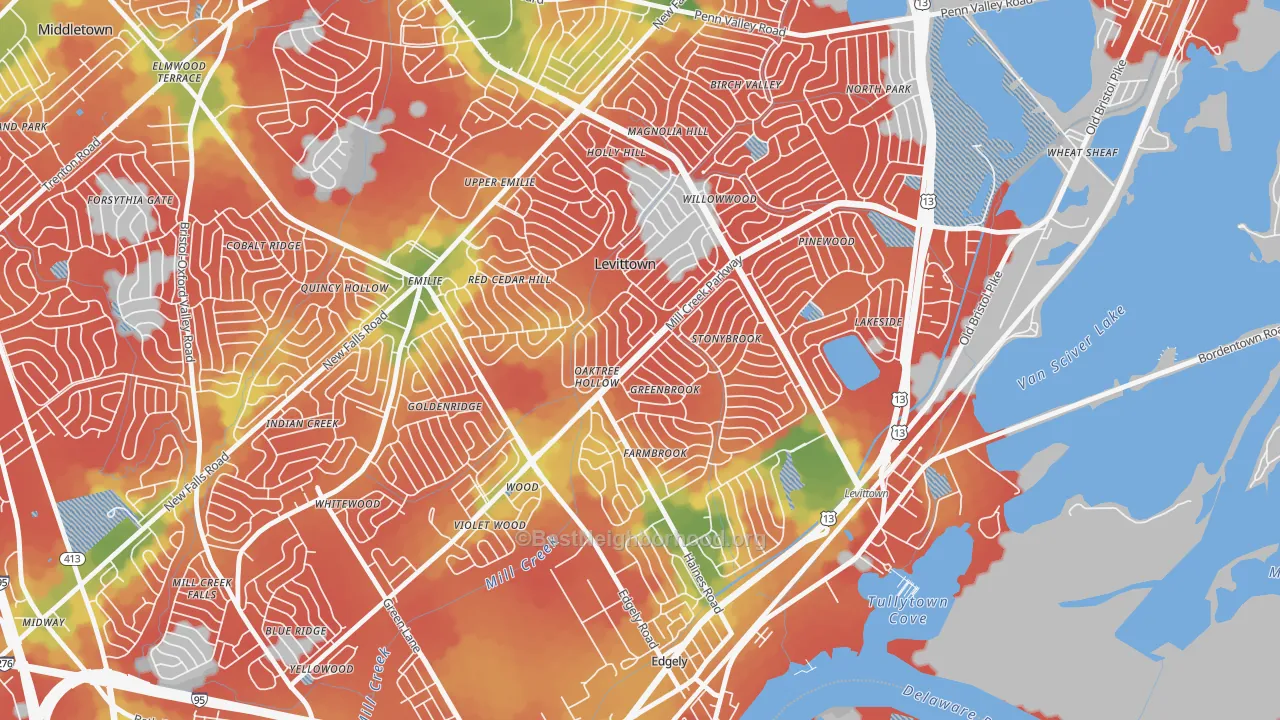 Walk Grade map of 19055, PA, walkable areas in green and car-dependent areas in red