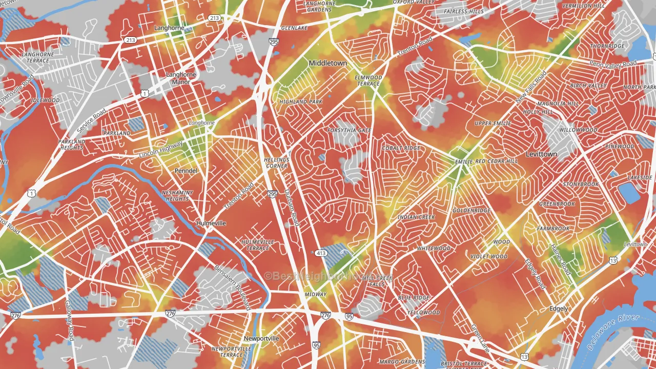 Walk Grade map of 19056, PA, walkable areas in green and car-dependent areas in red