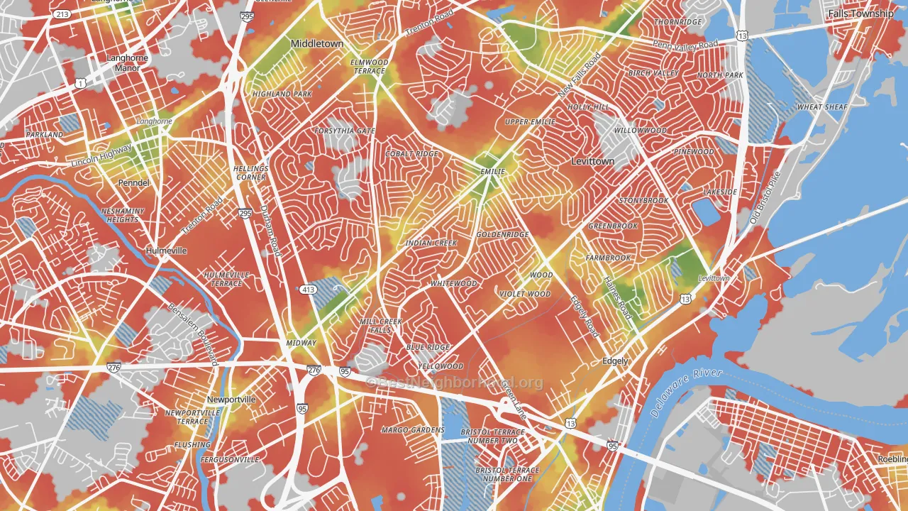 Walk Grade map of 19057, PA, walkable areas in green and car-dependent areas in red