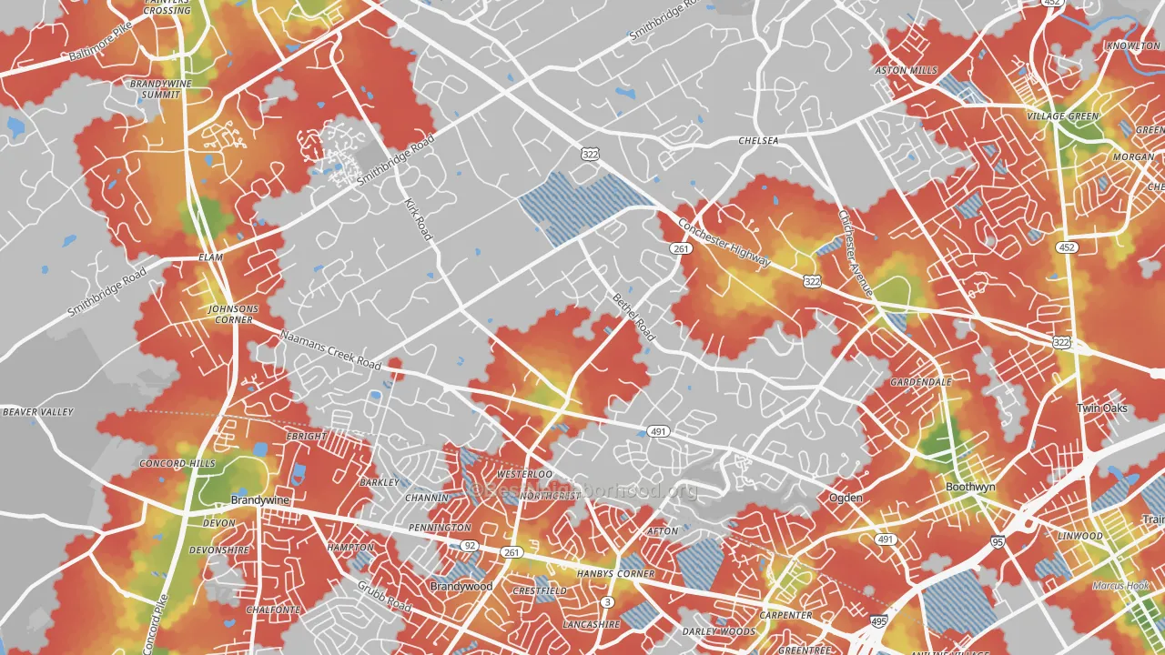 Walk Grade map of 19060, PA, walkable areas in green and car-dependent areas in red