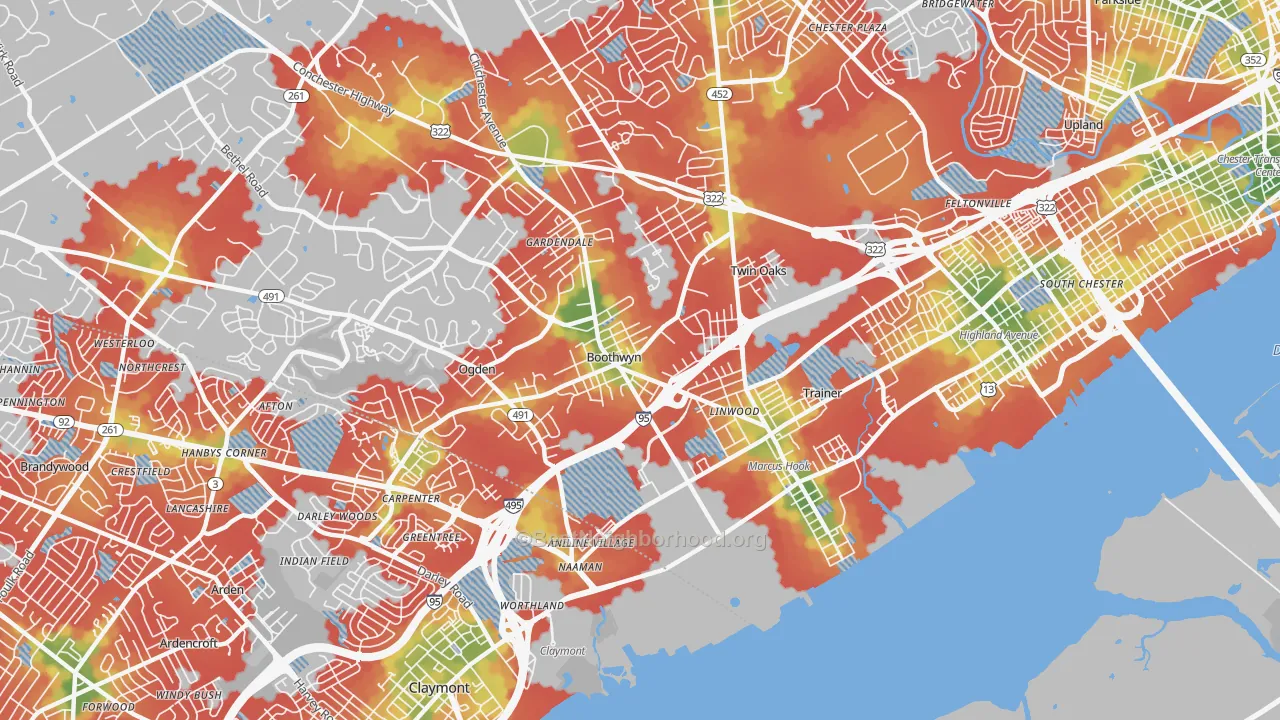Walk Grade map of 19061, PA, walkable areas in green and car-dependent areas in red