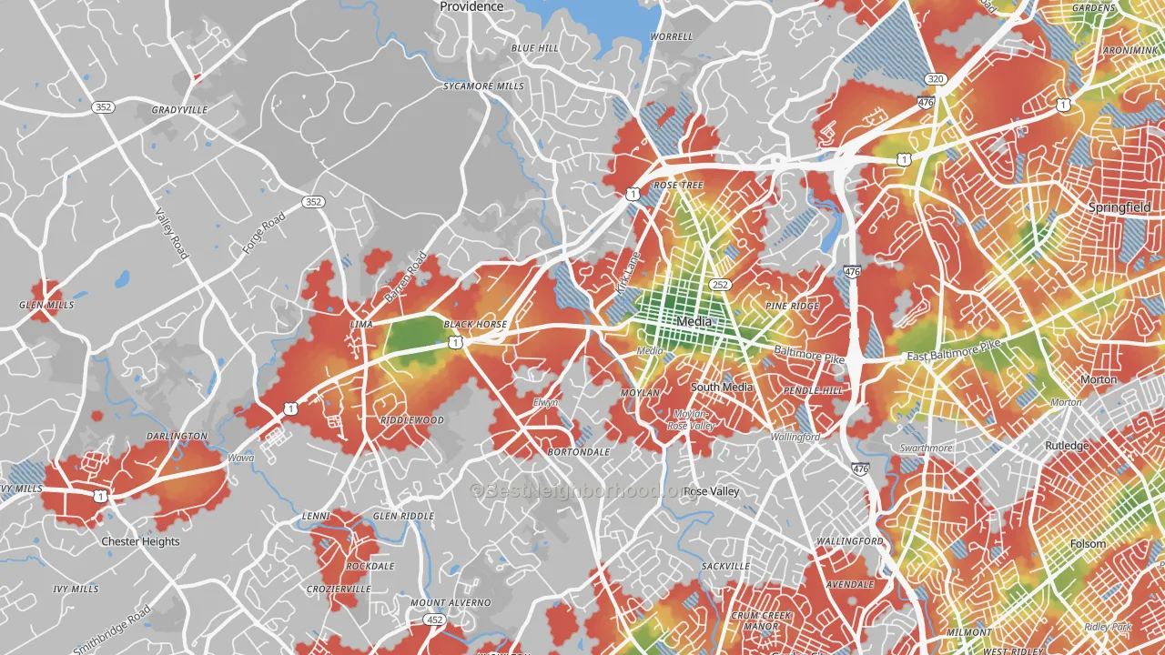 Walk Grade map of 19063, PA, walkable areas in green and car-dependent areas in red