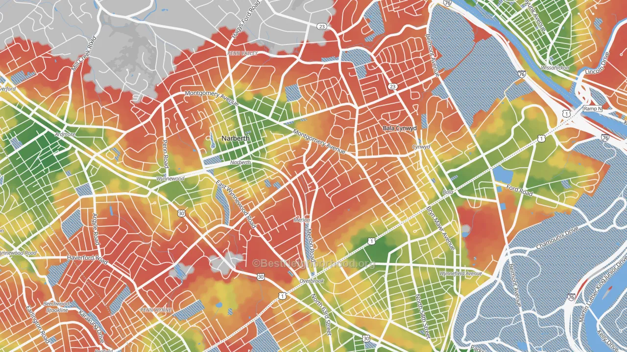 Walk Grade map of 19066, PA, walkable areas in green and car-dependent areas in red