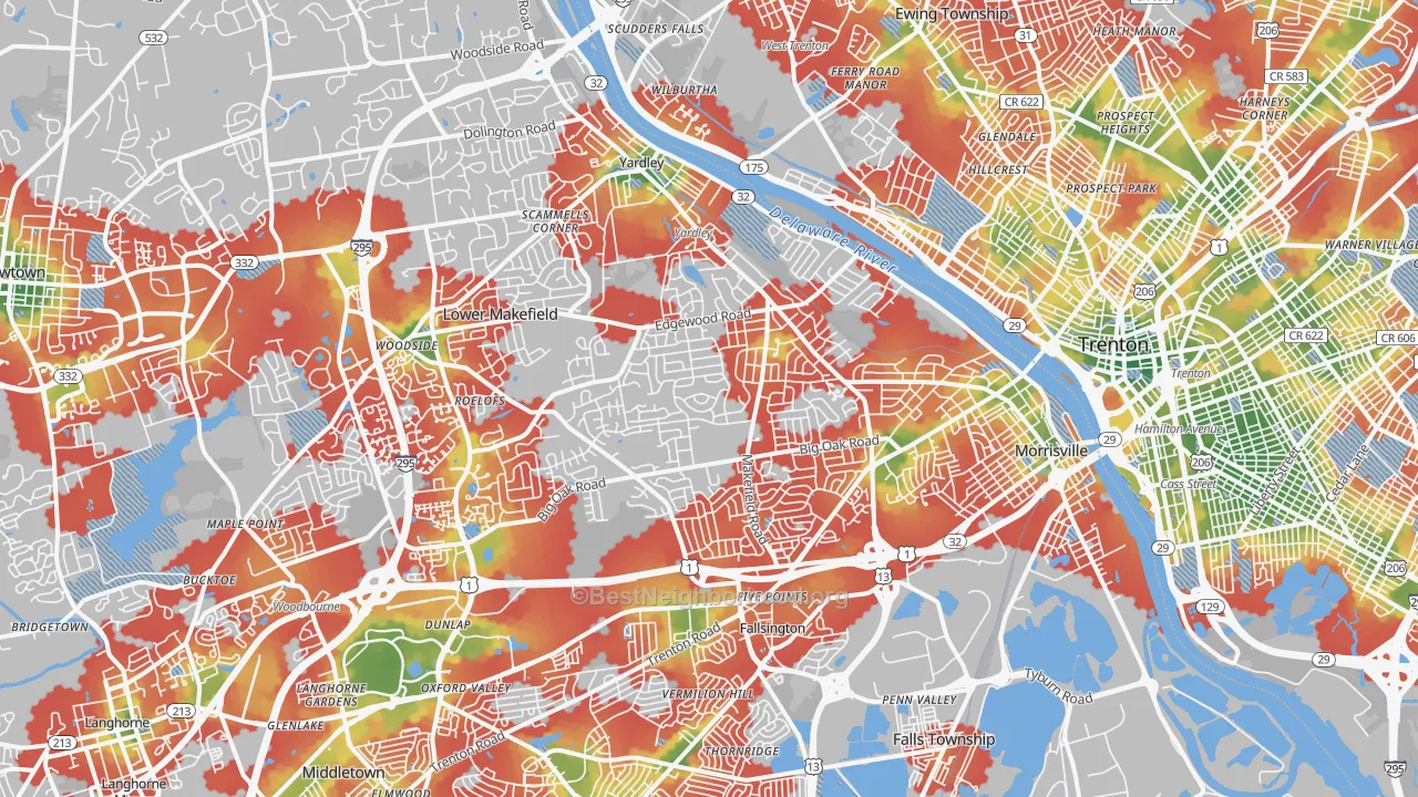 Walk Grade map of 19067, PA, walkable areas in green and car-dependent areas in red
