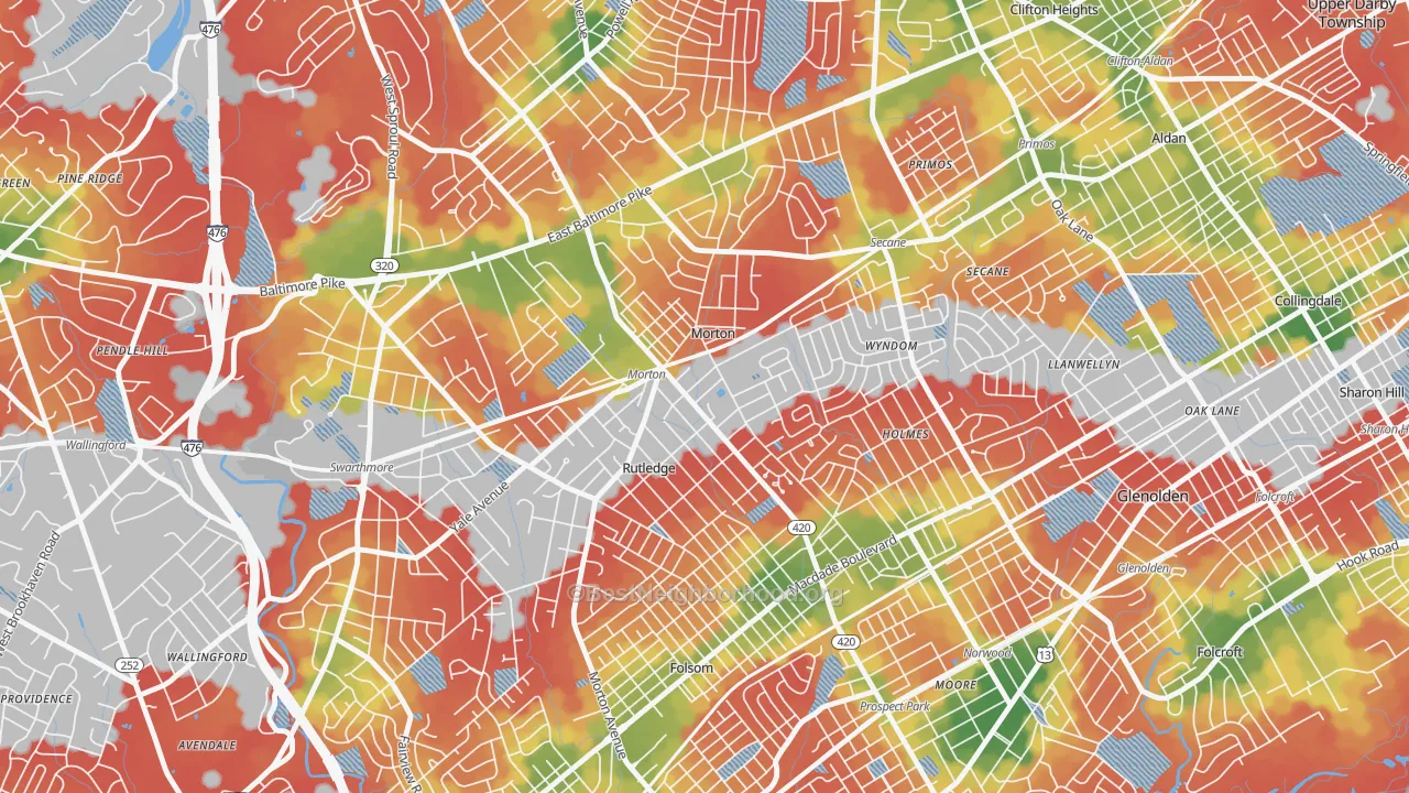Walk Grade map of 19070, PA, walkable areas in green and car-dependent areas in red