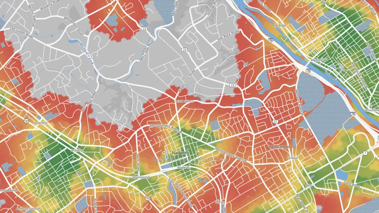 Walk Grade map of 19072, PA, walkable areas in green and car-dependent areas in red