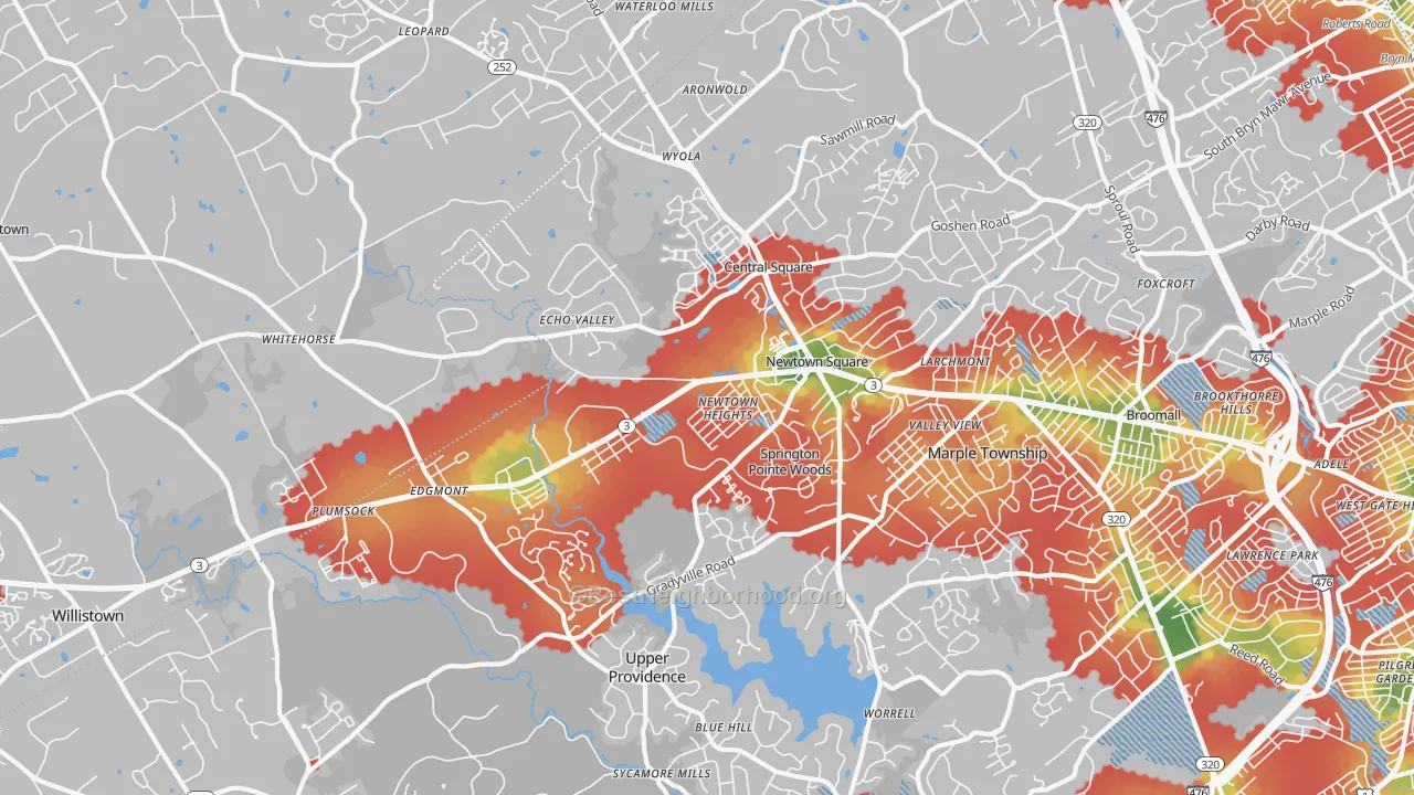 Walk Grade map of 19073, PA, walkable areas in green and car-dependent areas in red