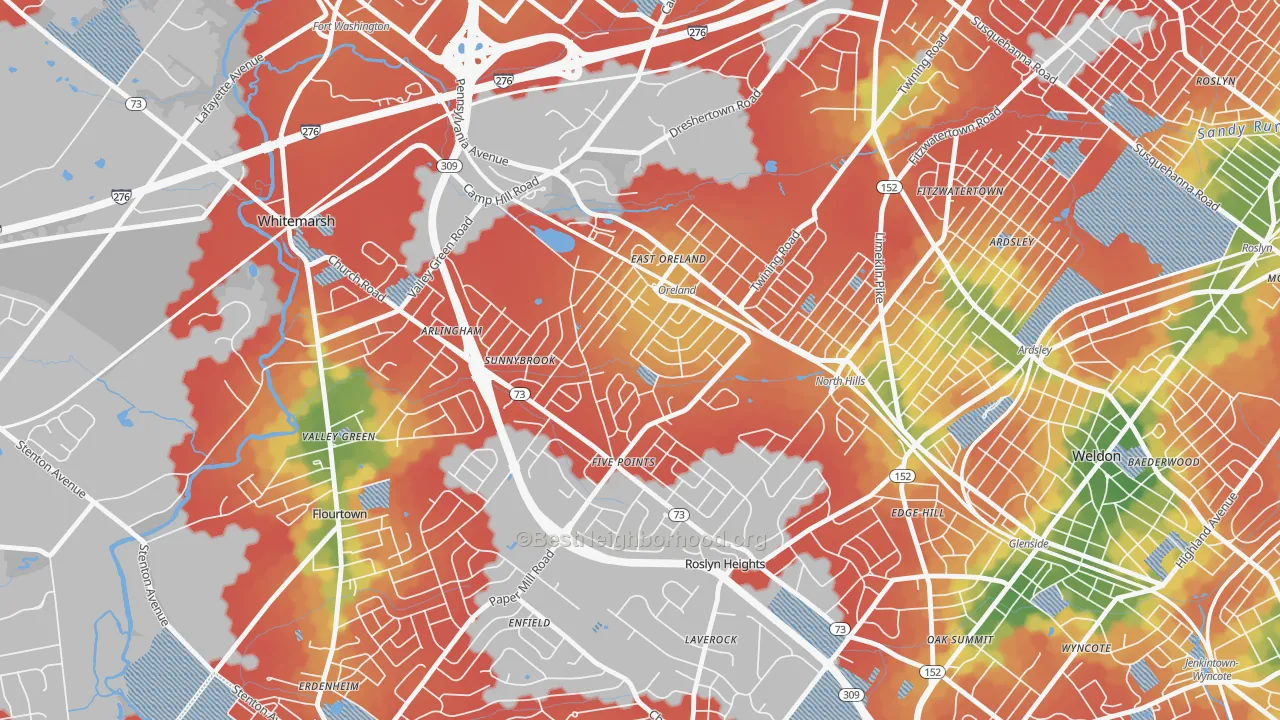 Walk Grade map of 19075, PA, walkable areas in green and car-dependent areas in red