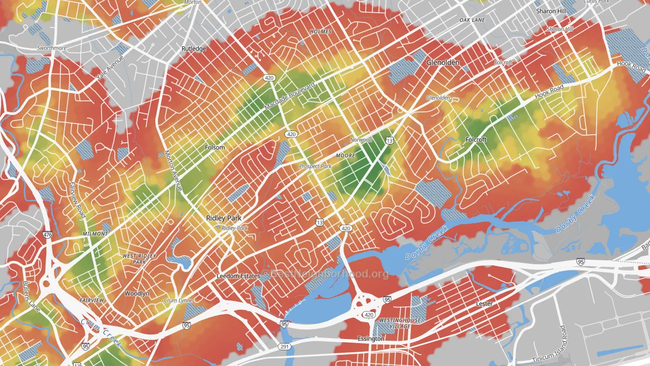 Walk Grade map of 19076, PA, walkable areas in green and car-dependent areas in red