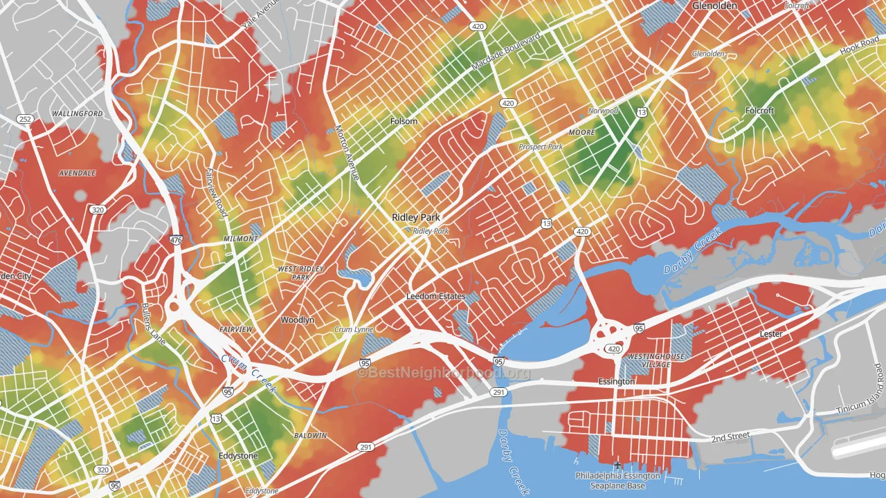 Walk Grade map of 19078, PA, walkable areas in green and car-dependent areas in red