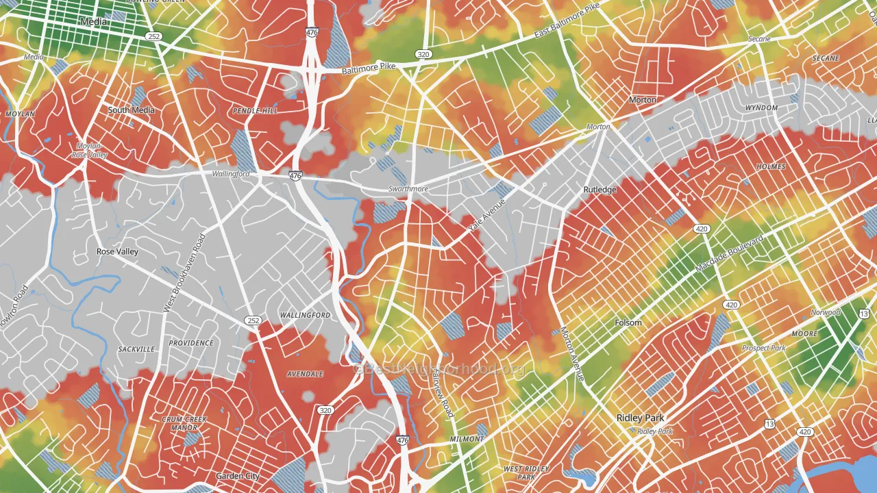 Walk Grade map of 19081, PA, walkable areas in green and car-dependent areas in red