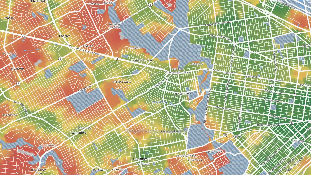 Walk Grade map of 19082, PA, walkable areas in green and car-dependent areas in red