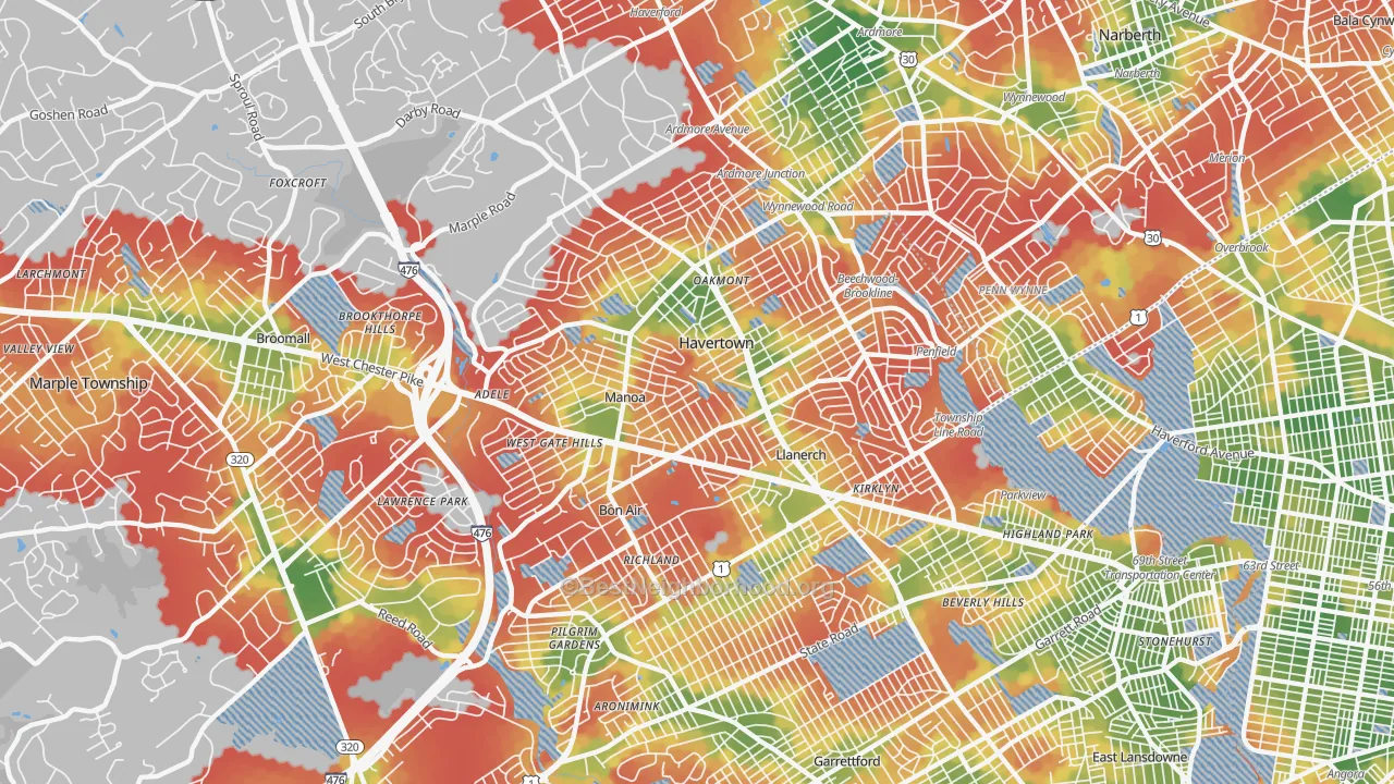Walk Grade map of 19083, PA, walkable areas in green and car-dependent areas in red