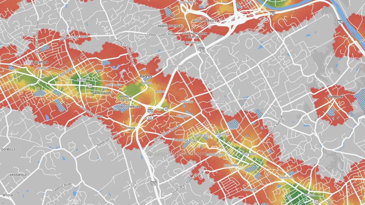 Walk Grade map of 19085, PA, walkable areas in green and car-dependent areas in red
