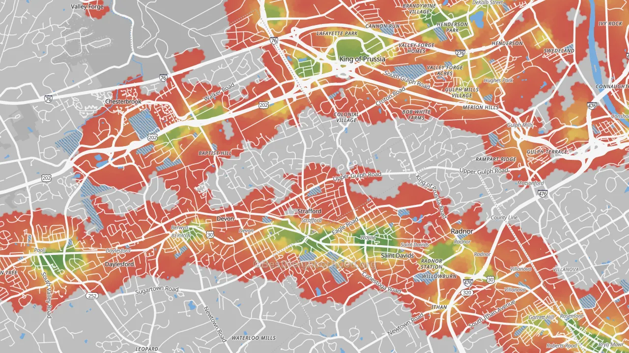 Walk Grade map of 19087, PA, walkable areas in green and car-dependent areas in red