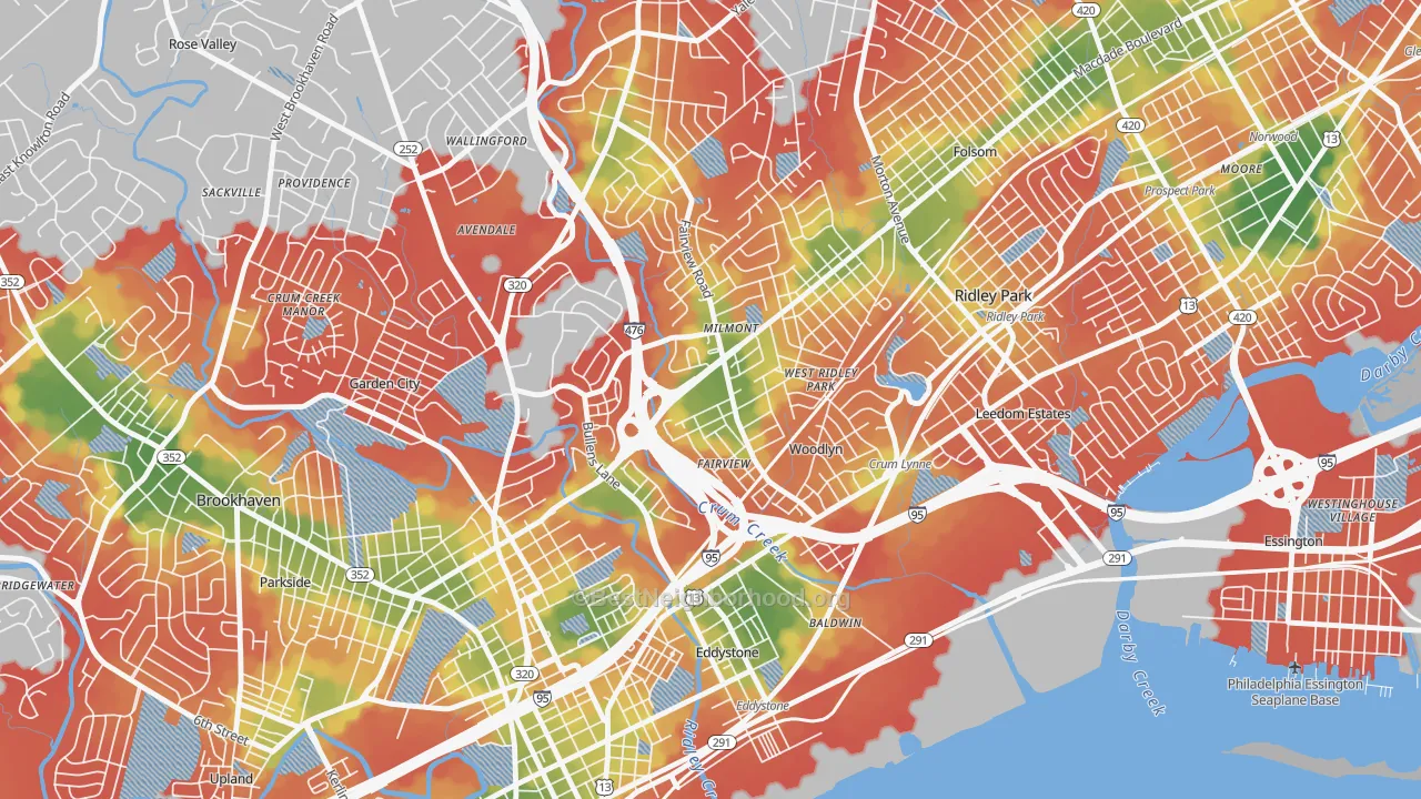 Walk Grade map of 19094, PA, walkable areas in green and car-dependent areas in red