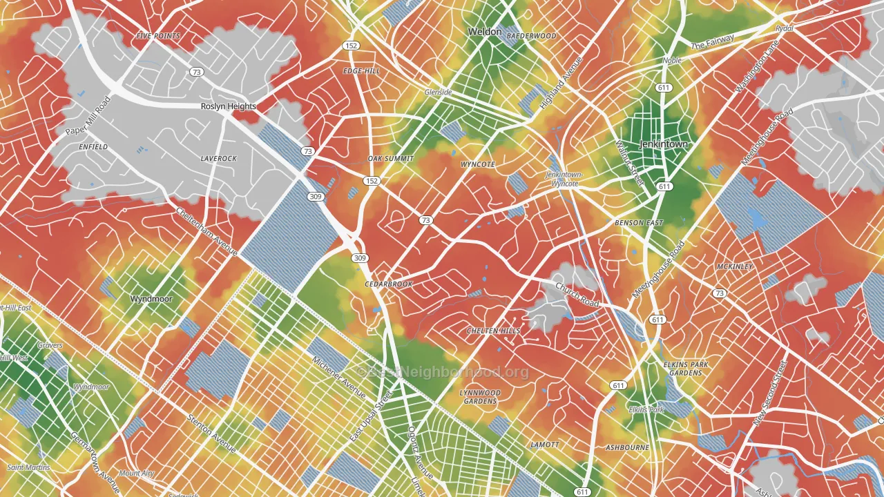 Walk Grade map of 19095, PA, walkable areas in green and car-dependent areas in red