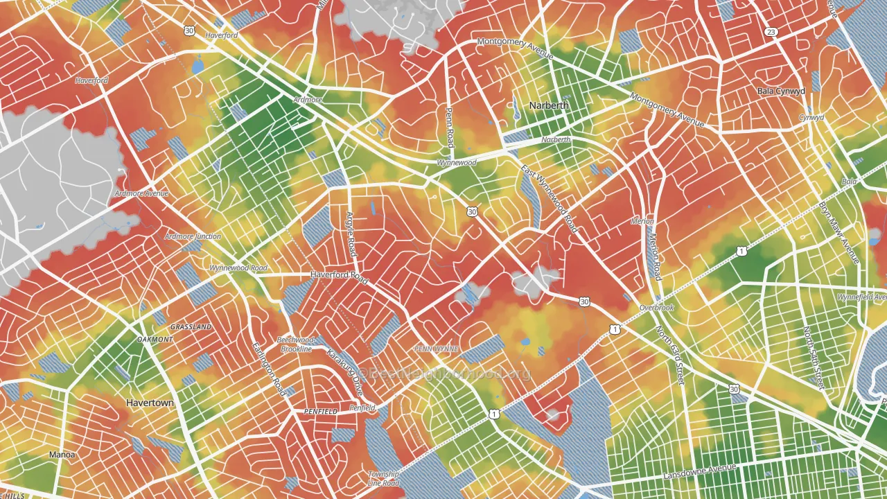 Walk Grade map of 19096, PA, walkable areas in green and car-dependent areas in red