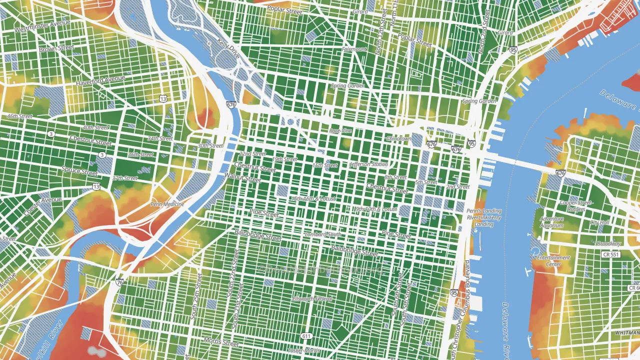 Walk Grade map of 19102, PA, walkable areas in green and car-dependent areas in red